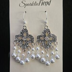 Antique silver quatrefoil, faux pearl & clear glass crystal chandelier earrings